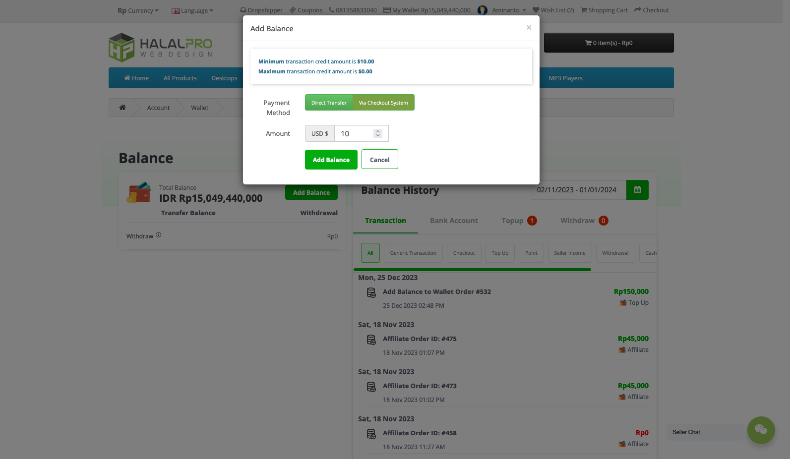 adding balance to wallet via opencart checkout system